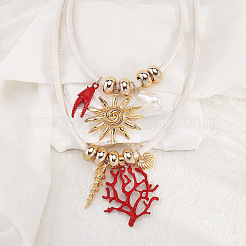 Sun Red Coral Shape Alloy & Plastic Pearl Pendant Imitation Leather Cord Double Layer Necklaces&nbsp;FS-WG16676-01