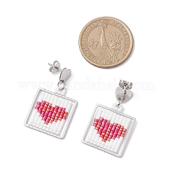 Handmade Glass Seed Beaded Square with Heart Dangle Stud Earrings&nbsp;EJEW-MZ00559-02