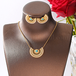 Brass Rhinestone Hollow Crescent Moon Pendant Necklace & Stud Earrings Sets with Synthetic Turquoise and Imitation Pearl&nbsp;LX5909