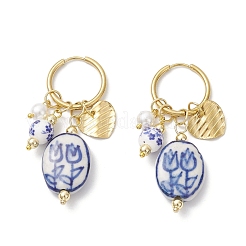 Oval with Flower Pattern 304 Stainless Steel Hoop Earrings&nbsp;EJEW-JE06737-01
