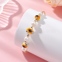 Handmade Porcelain & Natural Cultured Freshwater Pearl & Non-magnetic Synthetic Hematite Beaded Cuff Bangles for Women&nbsp;BJEW-JB14022-02
