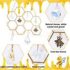 Brass Honeycomb & Yellow Quartz Chip Pendant Decorations&nbsp;HJEW-WH0069-33