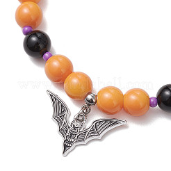 Halloween Theme Baking Paint Glass & Natural Black Onyx(Dyed & Heated) Round Beaded Stretch Bracelets&nbsp;BJEW-MZ00188-02