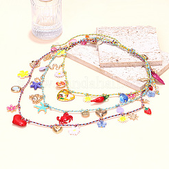 Alloy Red Heart Hot Pepper Fish Starfish Tassel Cotton Cord 3 Layer Necklaces for Women&nbsp;NJEW-F357-04KCG