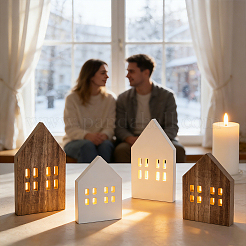 4Pcs 4 Styles Miniature Wood House Sculpture Display Decorations&nbsp;DJEW-GA0001-97