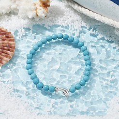 Tibetan Style Alloy Dolphin & Synthetic Turquoise Round Beaded Stretch Bracelet&nbsp;BJEW-JB09895-02