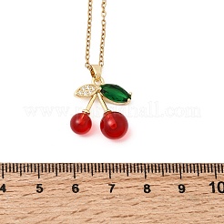 Brass Micro Pave Clear Cubic Zirconia & Resin Red Cherry Pendant 304 Stainless Steel Cable Chain Necklaces for Women&nbsp;NJEW-H092-02G