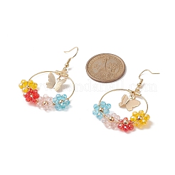 Glass Beaded Flower & Brass Butterfly Dangle Earrings&nbsp;EJEW-JE05218-02