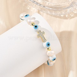 Evil Eye Lampwork and Natural Cultured Freshwater Pearl Beaded Stretch Bracelets&nbsp;BJEW-JB14283-01