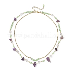 Natural Amethyst Chip & Glass & 304 Stainless Steel Handmade Link Chain Double Layer Necklaces for Women&nbsp;NJEW-JN05363-02