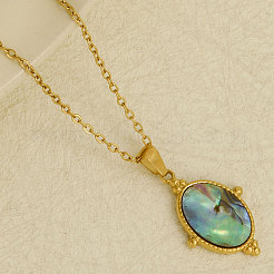 304 Stainless Steel Pave Natural Paua Shell Geometric Oval Pendant Necklaces&nbsp;AX5214-3