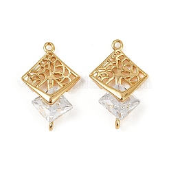 Brass Clear Cubic Zirconia Rhombus Tree of Life Connector Charms&nbsp;KK-B137-17G