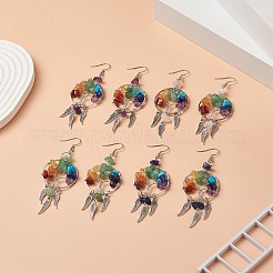 Natural & Synthetic Mixed Gemstone Chips Tree of Life with Alloy Feather Chandelier Earrings&nbsp;EJEW-JE05213