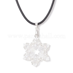 Electroplate Glass & TOHO Round Seed Beaded Snowflake Pendant Black Waxed Cotton Cord Necklaces for Women&nbsp;NJEW-MZ00125