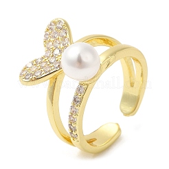 Rack Plating Brass Heart Open Cuff Ring with Cubic Zirconia&nbsp;RJEW-M151-03G