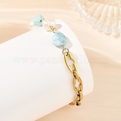 Natural Larimar Nuggets and Pearl Beaded Chain Bracelets with 304 Stainless Steel Cross Link Chains and OT Clasps&nbsp;BJEW-JB14436-01