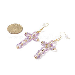 Natural Gemstone Braided Hollow Out Cross Dangle Earrings&nbsp;EJEW-JE05138
