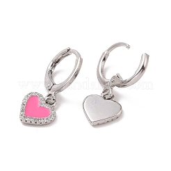 Clear Cubic Zirconia Heart Dangle Leverback Earrings with Pink Enamel&nbsp;EJEW-C030-11P