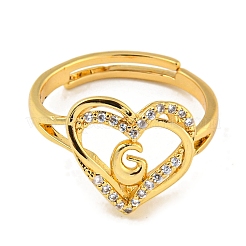 Heart with Letter Rack Plating Brass Micro Pave Clear Cubic Zirconia Adjustable Rings for Women&nbsp;RJEW-I105-01G-G