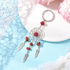 Woven Net/Web with Feather Alloy & Natural Red Jasper & Glass Seed Keychains&nbsp;KEYC-MZ00041-05