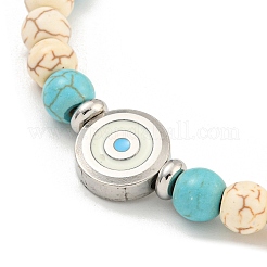 Evil Eye 304 Stainless Steel & Two Tone Synthetic Turquoise Round Beaded Bracelets for Women&nbsp;BJEW-G717-08P
