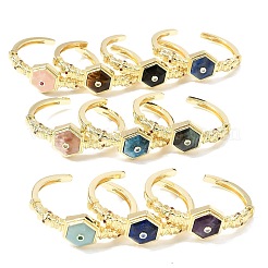 Hexagon Brass Pave Natural Gemstone & Cubic Zirconia Cuff Bangles for Women&nbsp;BJEW-Z172-01G