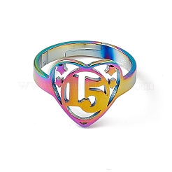 Ion Plating(IP) 201 Stainless Steel Heart with Number 15 Adjustable Ring for Women&nbsp;RJEW-C045-12M