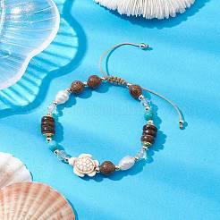 Adjustable Dyed Synthetic Turquoise & Coconut & Wood & Pearl Braided Bead Bracelets&nbsp;BJEW-JB10723-01