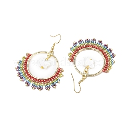 Butterfly & Ring Freshwater Shell & Glass Seed Beads Dangle Earrings&nbsp;EJEW-MZ00163