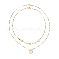 Natural Cultured Freshwater Pearl Rice Beads Brass Heart with Letter Pendant Paperclip Chain Double Layered Necklaces&nbsp;NJEW-JN05378-01