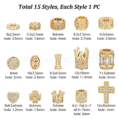 15Pcs 15 Styles Brass Micro Pave Cubic Zirconia Beads&nbsp;KK-GA0002-52