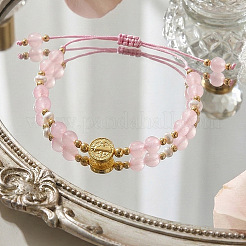 Metal Medals & Natural Rose Quartz Beaded Adjustable Bracelets&nbsp;YO1072