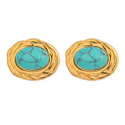Stainless Steel Synthetic Turquoise Oval Stud Earrings&nbsp;RJ5087