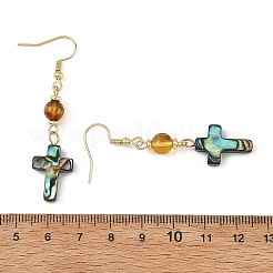 Cross Natural Amber & Abalone Shell/Paua Shell Dangle Earrings&nbsp;EJEW-JE07359