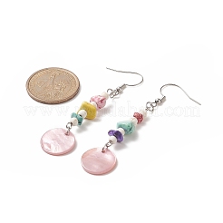 Natural Shell Flat Round & Dyed Synthetic Turquoise Chips Beaded Dangle Earrings&nbsp;EJEW-JE05222