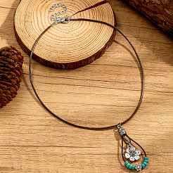 Bohemian Alloy Resin Floral Teardrop Pendant Waxed Leather Cord Necklaces for Women&nbsp;WG78C8D-01