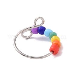 Rainbow Color Glass Beaded Rotating Open Cuff Ring&nbsp;RJEW-F127-02P