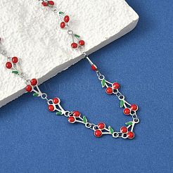 304 Stainless Steel Enamel Red Cherry Link Chain Necklaces for Women&nbsp;NJEW-K249-23G