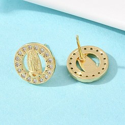 Brass Micro Pave Clear Cubic Zirconia Virgin Mary Stud Earrings&nbsp;EJEW-F400-23A-G