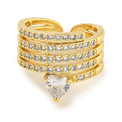 Rack Plating Brass Micro Pave Cubic Zirconia Heart Open Cuff Ring for Women&nbsp;RJEW-C082-06G