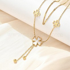 304 Stainless Steel Shell Pearl Clover Pendant Double Layered Necklaces for Women&nbsp;NJEW-U036-01G