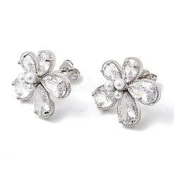 Flower Brass Micro Pave Clear Cubic Zirconia Stud Earrings&nbsp;EJEW-P333-02P