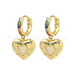 Brass Micro Pave Cubic Zirconia and Cat Eye Beads Heart Hoop Dangle Earrings&nbsp;KK-CBAD9DF-01G-A