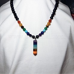 Colorful Chakra 8MM Round Natural Lava Stone Beaded Hexagonal Prism Pointed Healing Crystal Pendant Necklaces&nbsp;VZ5642