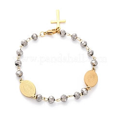 201 Stainless Steel & Electroplated Glass  Miraculous Medal Virgin Cross Charm Bracelets&nbsp;BJEW-B078-163G
