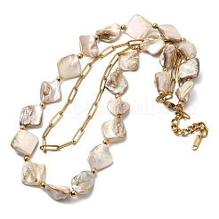 304 Stainless Steel with Dyed Floral White Natural Shell Nuggets Beaded Double Layer Necklaces for Women&nbsp;LS-NJEW-G181-13G