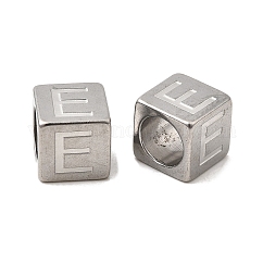 304ステンレススチールヨーロピアンビーズ  大穴ビーズ  文字付きのキューブ  文字e  7x7x7mm  穴：5mm