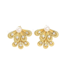 Leaf Brass Micro Pave Clear Cubic Zirconia Stud Earring Findings&nbsp;KK-D102-04G