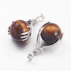 天然石ペンダント  真鍮のパーツと天然タイガーアイ付き  ラウンド  プラチナ  サドルブラウン  27x18mm  穴：4x6mm&nbsp;G-G074-09