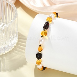 Natural Amber & Cultured Freshwater Pearl Beaded Stretch Bracelets for Women&nbsp;BJEW-JB13699-01